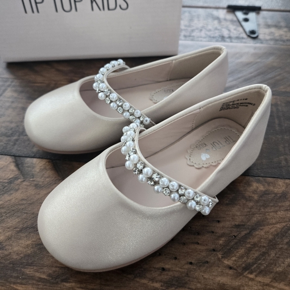 Tip Top Kids Nude Pink Mary Jane's with Pearl and Rhinestone Strap. Style S116.